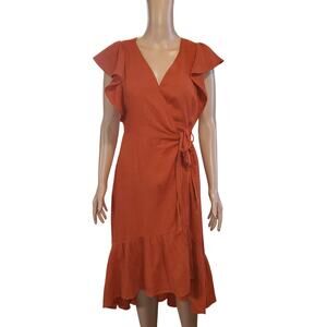 Drew Anthro Size M Gauzy Flutter Sleeve Ruffle Sleeve Midi Wrap Dress Orange